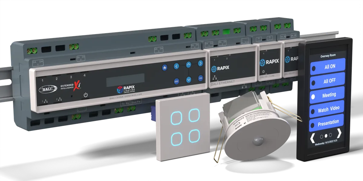 RAPIX DALI-2 system — Xi zone controller with Ethernet, power supply and relay modules on DIN rail, plus touchscreen, wall switch and ceiling sensor